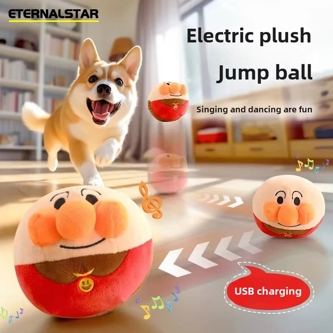 Interactive Electric Dog Toy – USB Rechargeable Plush Jumping Ball Puzzle Toy (Clown/Pig Cartoon Design) for Dog Training & Play.