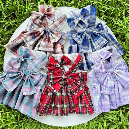 Princess Dog Dress with Bow & Pearl Belt – Cute Checkered Spring & Summer Outfit for Small Girl Dogs, Perfect for Birthdays & Special Occasions.