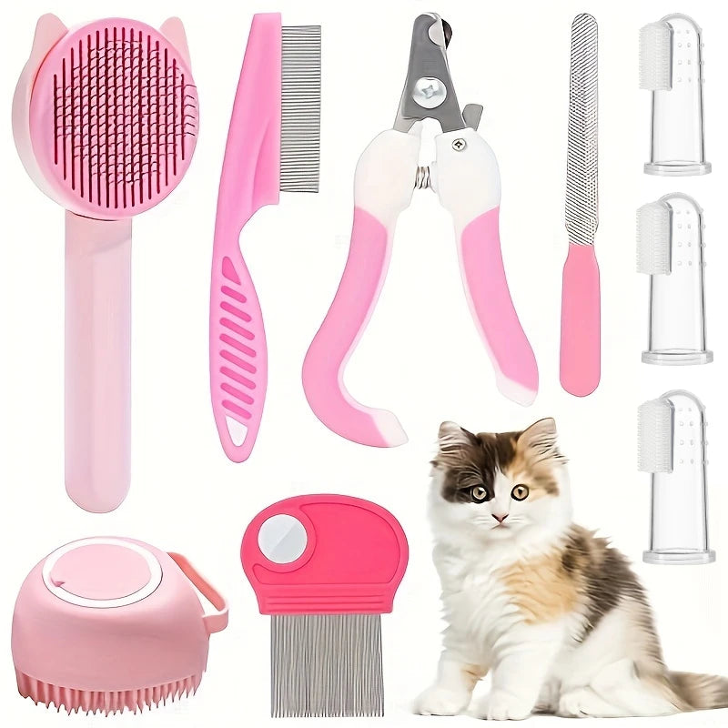 8-Piece Cat Grooming Kit – Self-Cleaning Brush Set with Nail Clippers, Files, Flea Comb & Bath Brush for Shedding Control & Pet Care.