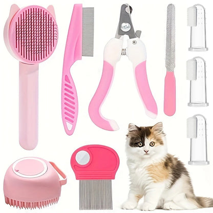 8-Piece Cat Grooming Kit – Self-Cleaning Brush Set with Nail Clippers, Files, Flea Comb & Bath Brush for Shedding Control & Pet Care.