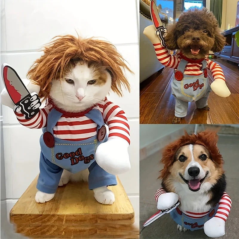 Halloween Bloody Doll Dog Costume with Wig & Knife – Funny Pet Outfit for Holiday Parties.
