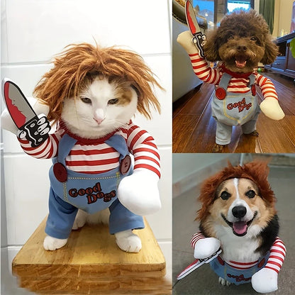 Halloween Bloody Doll Dog Costume with Wig & Knife – Funny Pet Outfit for Holiday Parties.