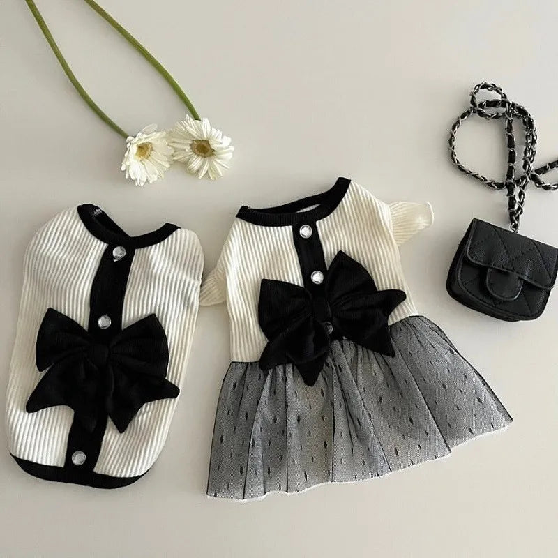 Luxury Dog Dress for Small Dogs – Summer Puppy Outfit with Bow Lace Skirt, Black & White T-Shirt Style Costume for Chihuahuas & Girls Dogs