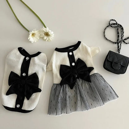 Luxury Dog Dress for Small Dogs – Summer Puppy Outfit with Bow Lace Skirt, Black & White T-Shirt Style Costume for Chihuahuas & Girls Dogs