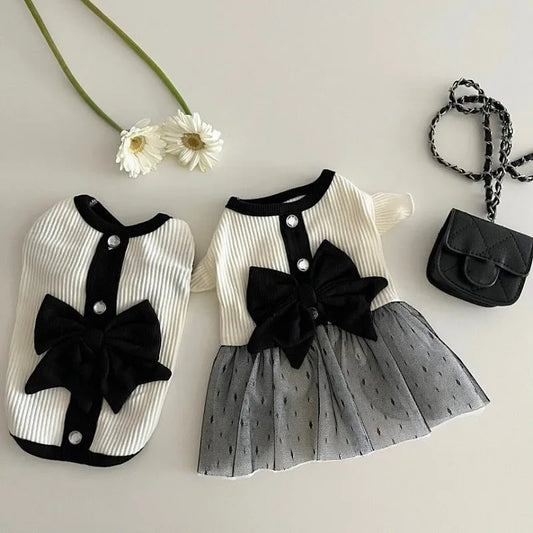 Luxury Dog Dress for Small Dogs – Summer Puppy Outfit with Bow Lace Skirt, Black & White T-Shirt Style Costume for Chihuahuas & Girls Dogs