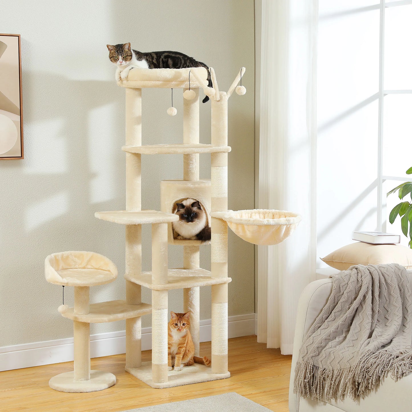 Multi-Level Cat Tree Tower – Tall Indoor Cat Condo with Scratching Posts, Hammock, Large Perches & Hanging Ball Toys for Cats.