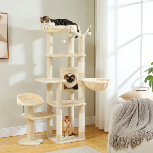 Multi-Level Cat Tree Tower – Tall Indoor Cat Condo with Scratching Posts, Hammock, Large Perches & Hanging Ball Toys for Cats.