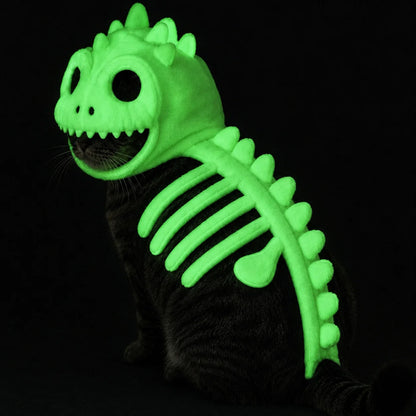 Glow-in-the-Dark Dinosaur Skeleton Pet Costume – Plush Hooded Halloween Cosplay Outfit for Cats & Small Dogs.