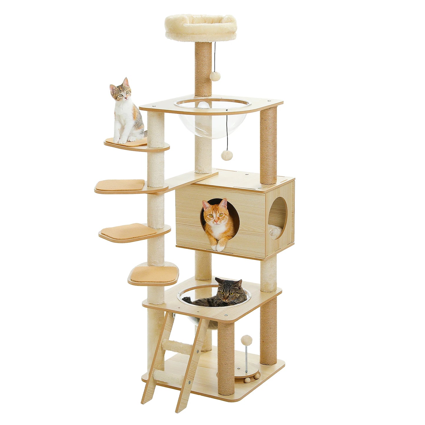 Multi-Level Wooden Cat Tree – Indoor Cat Tower with Scratching Posts, Condo, Hammock & Top Perch, Spacious Cat Scratcher & Play Center.