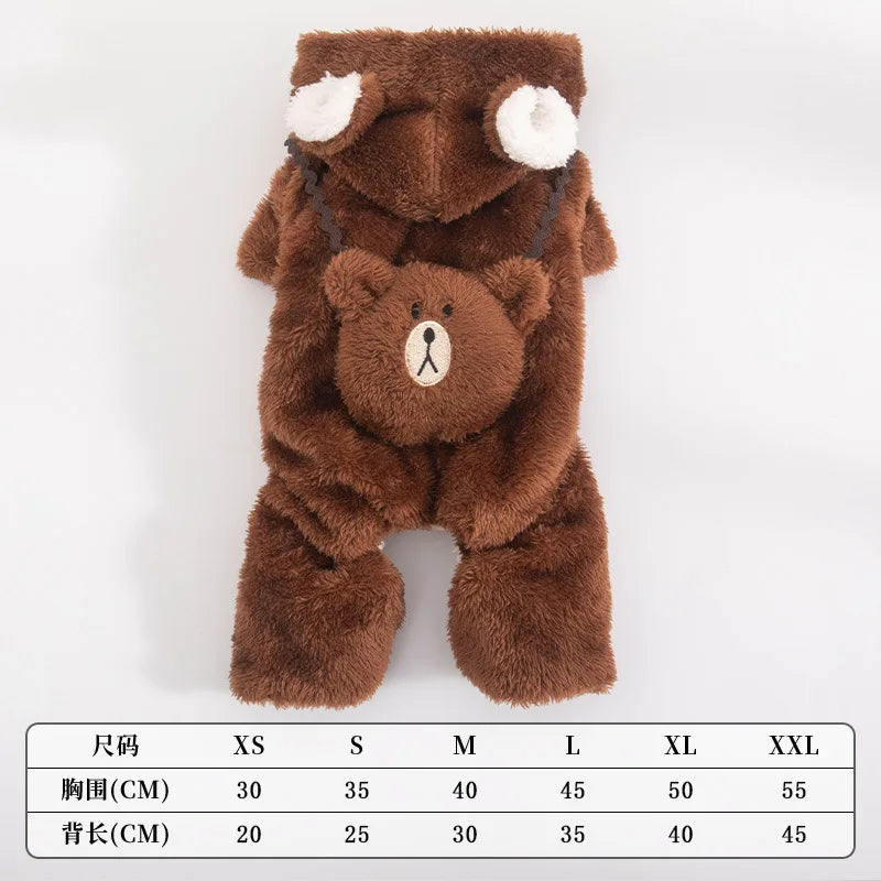Cute Thickened Fleece Dog Jumpsuit – Warm Autumn & Winter Four-Leg Bear Costume for Small Dogs.
