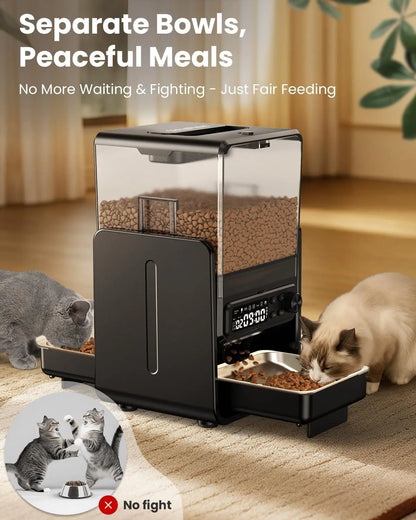 Automatic Cat Feeder for 2 Cats – Timed Dry Food Dispenser with Adjustable Double Bowls and Dual Power Supply.