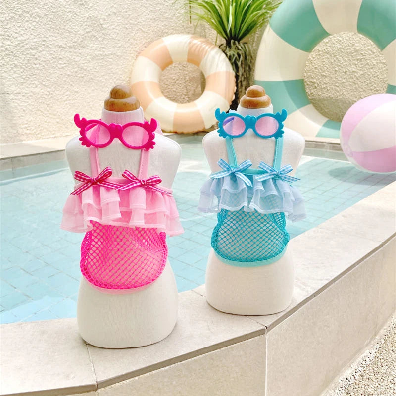 Dog Clothes Pink Grid Swimsuit for Small Dogs Girl Summer Beach Pool Party Outfits.