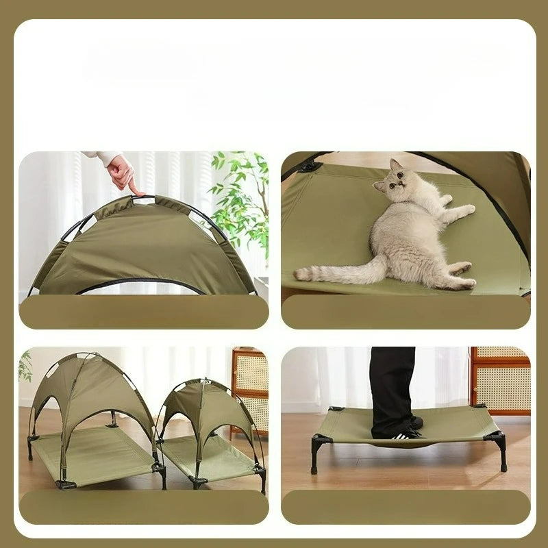 Summer Elevated Pet Tent Bed with Sunshade, Foldable Outdoor Camping Shelter for Dogs and Cats.