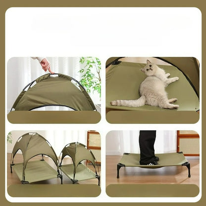Summer Elevated Pet Tent Bed with Sunshade, Foldable Outdoor Camping Shelter for Dogs and Cats.