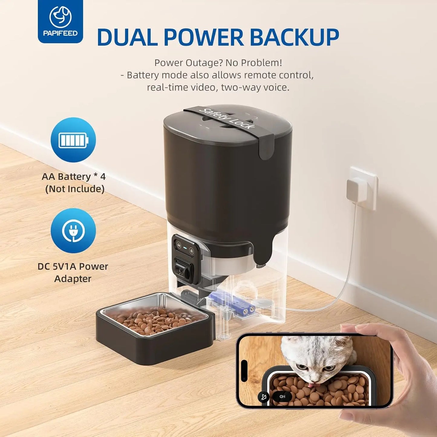 Automatic Cat Feeder with Camera – WiFi-Enabled, Two-Way Audio, Adjustable Angle, Easy-to-Clean Feeder for Cats & Small Dogs, Black.