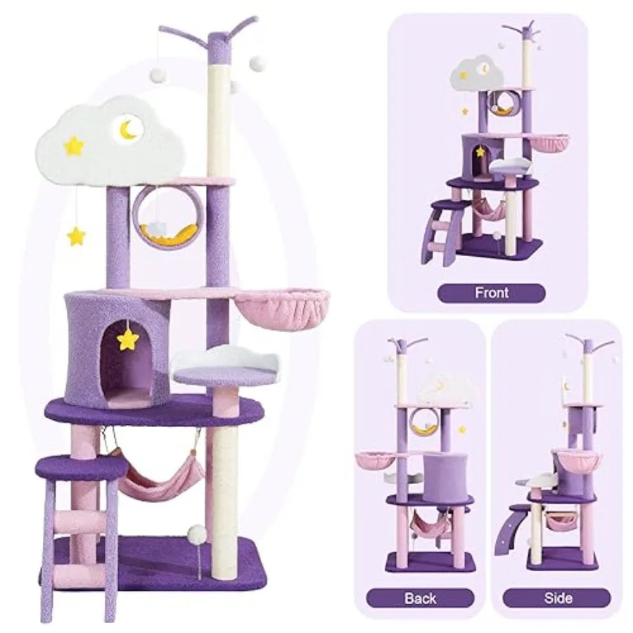 Cute 65-Inch Cat Tower – Large Pink & Purple Cloud-Themed Cat Tree Castle Condo Mansion for Indoor Cats.