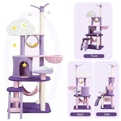 Cute 65-Inch Cat Tower – Large Pink & Purple Cloud-Themed Cat Tree Castle Condo Mansion for Indoor Cats.