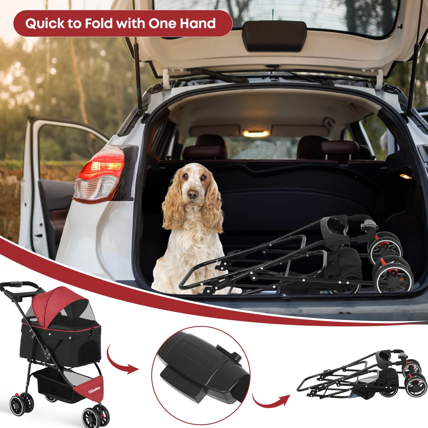 3-Wheel Pet Stroller – Foldable Travel Carrier with Breathable Mesh Canopy for Small & Medium Dogs & Cats, Ideal for Outdoor Travel.