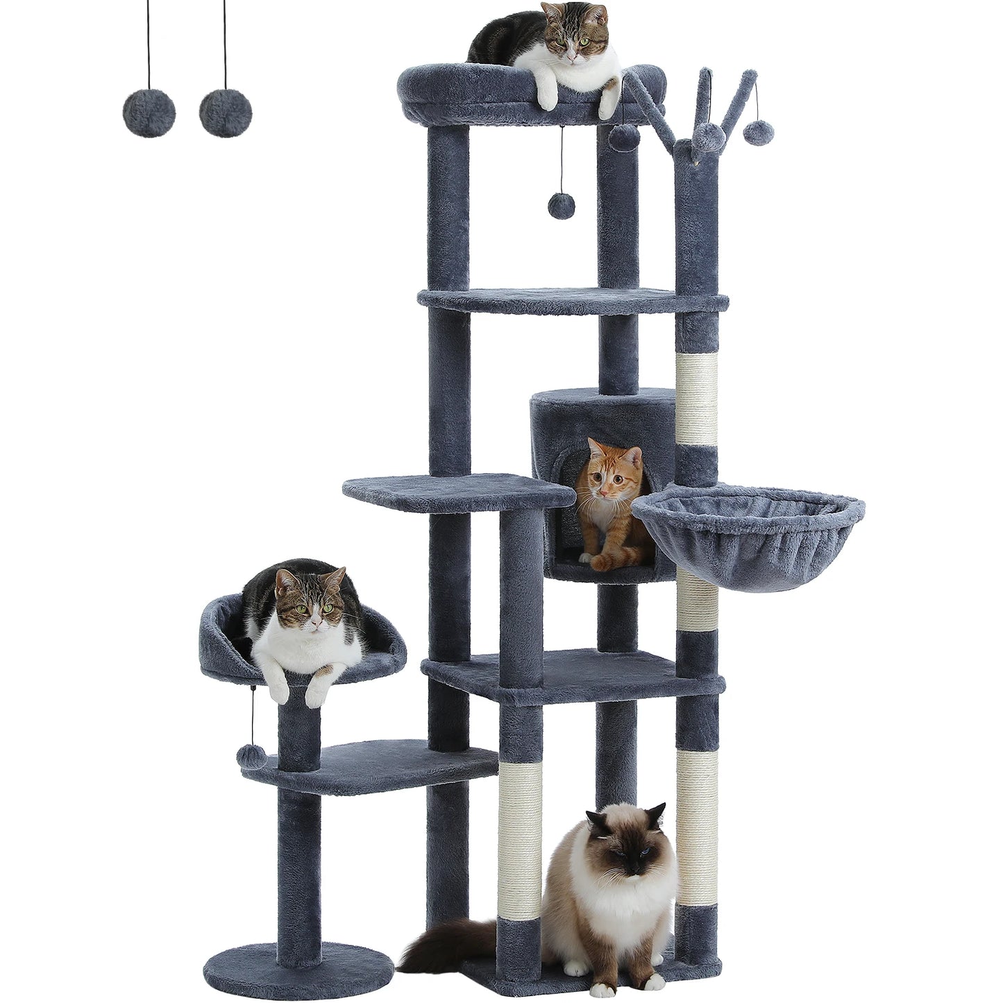 Multi-Level Cat Tree Tower – Tall Indoor Cat Condo with Scratching Posts, Hammock, Large Perches & Hanging Ball Toys for Cats.