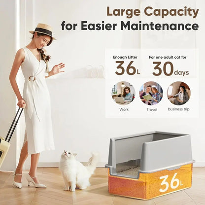 16" High-Sided Stainless Steel Litter Box with Lid – XL/XXL Extra Large Enclosed Metal Cat Litter Box for Big Cats & Kittens, Odor & Stain Resistant Design.