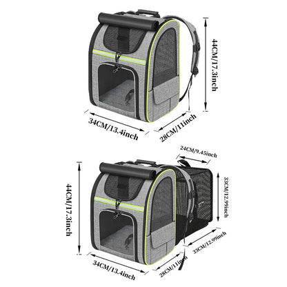 Expandable Cat Carrier Backpack – Breathable Mesh Pet Travel Bag with Shade Cover for Hiking, Camping & Outdoor Adventures.
