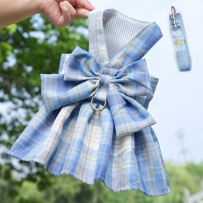 Reusable Plaid Pet Harness Dress – Adjustable Washable Dog Skirt with Leash Attachment, Lightweight Bowknot Design.