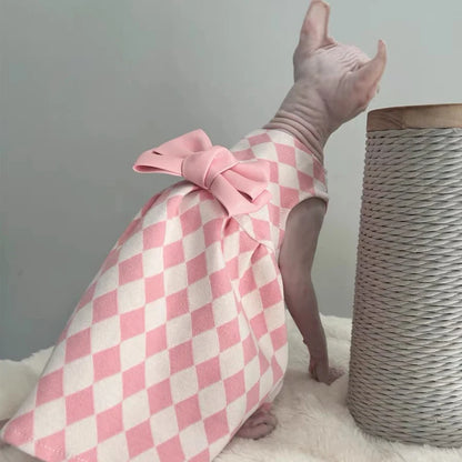 Luxury Bowknot Dress for Sphynx Cats – Sleeveless Pink Skirt Vest for Female Cats, Sweet Spring Pet Outfit.
