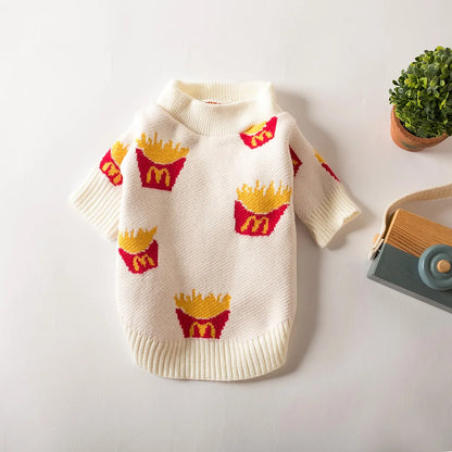 French Fries Print Pet Sweater – Soft Cotton Autumn & Winter Clothing for Small & Medium Dogs, Cute Warm Pet Outfit.