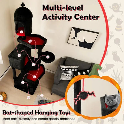 Gothic Cat Tree for Indoor Cats – Black Multi-Level Cat Tower with 2 Cat Condos, Coffin Bed & Scratching Posts.