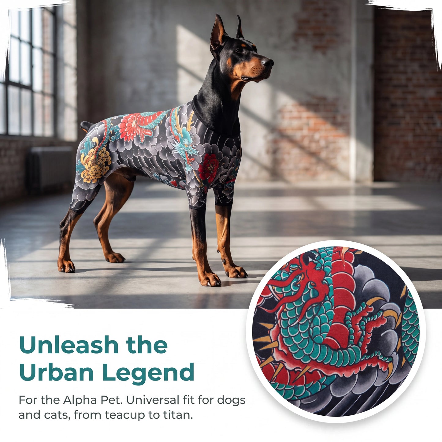 Streetwear Pet Tattoo Bodysuit – 4-Way Stretch Full-Body Costume for Small to Large Dogs & Cats (S–10XL).