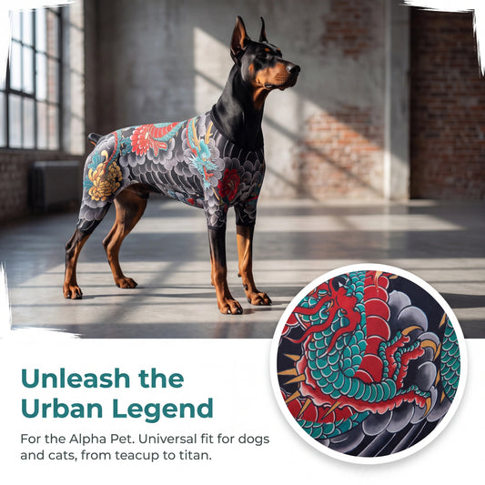 Streetwear Pet Tattoo Bodysuit – 4-Way Stretch Full-Body Costume for Small to Large Dogs & Cats (S–10XL).