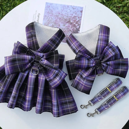 Reusable Plaid Pet Harness Dress – Adjustable Washable Dog Skirt with Leash Attachment, Lightweight Bowknot Design.