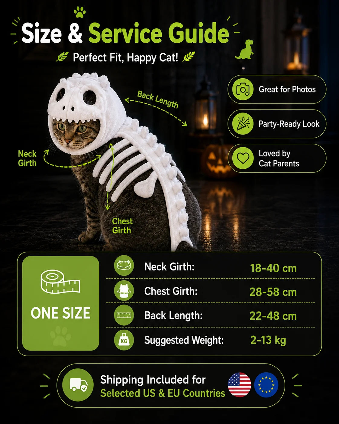 Glow-in-the-Dark Dinosaur Skeleton Pet Costume – Plush Hooded Halloween Cosplay Outfit for Cats & Small Dogs.