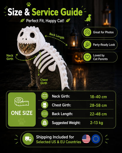 Glow-in-the-Dark Dinosaur Skeleton Pet Costume – Plush Hooded Halloween Cosplay Outfit for Cats & Small Dogs.