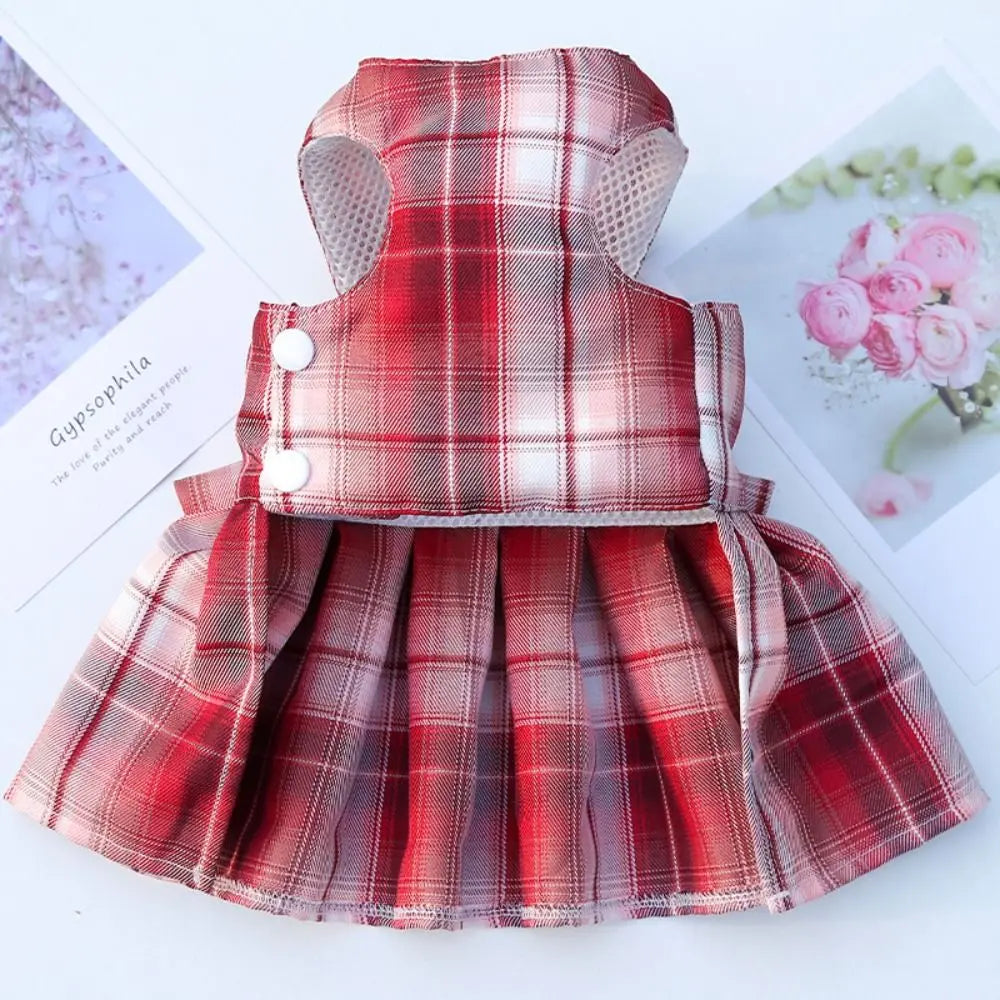 Reusable Plaid Pet Harness Dress – Adjustable Washable Dog Skirt with Leash Attachment, Lightweight Bowknot Design.