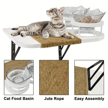 Cat Wall Shelves Set – 3-Step Climbing Shelves with Cat Hammock, Perches, Plush Cove & Dual Food Shelves for Indoor Cats.