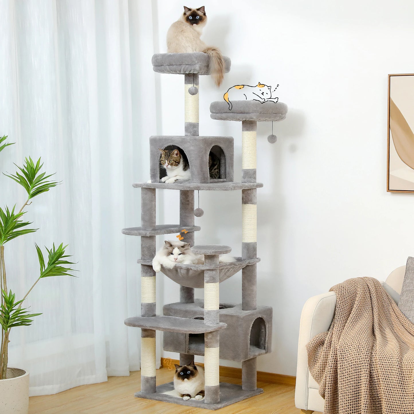 Large Indoor Cat Tree & Tower – Sisal Scratching Posts with Hammock, Padded Perches, Condos & Toys for Cats & Kittens.