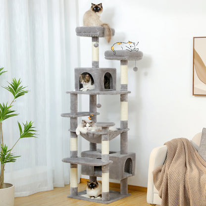 Large Indoor Cat Tree & Tower – Sisal Scratching Posts with Hammock, Padded Perches, Condos & Toys for Cats & Kittens.
