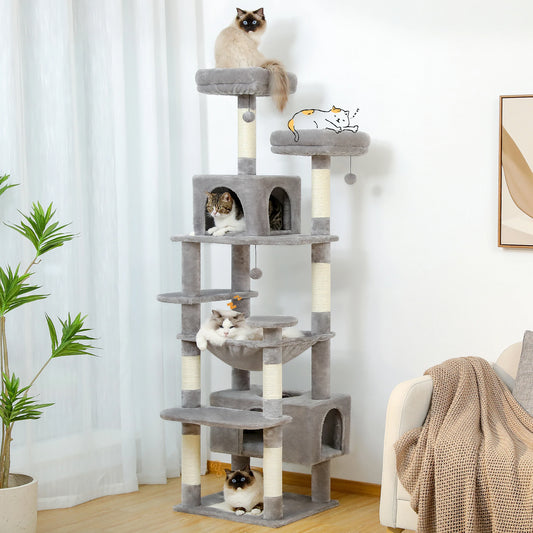Large Indoor Cat Tree & Tower – Sisal Scratching Posts with Hammock, Padded Perches, Condos & Toys for Cats & Kittens.