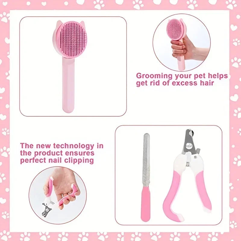 8-Piece Cat Grooming Kit – Self-Cleaning Brush Set with Nail Clippers, Files, Flea Comb & Bath Brush for Shedding Control & Pet Care.