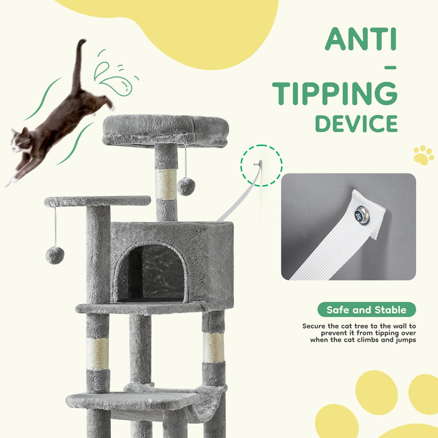 JHK 44" Cat Tree – Tall Multi-Level Climbing Tower with Sisal Scratching Posts & Stable Indoor Cat House Furniture.