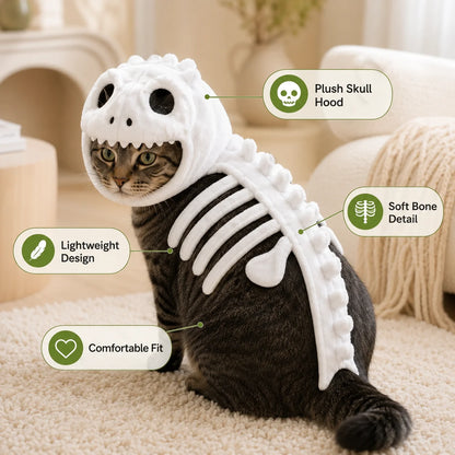 Glow-in-the-Dark Dinosaur Skeleton Pet Costume – Plush Hooded Halloween Cosplay Outfit for Cats & Small Dogs.