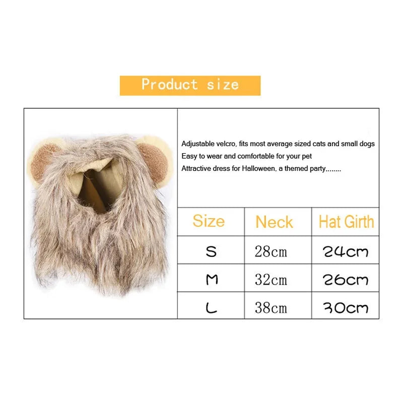 Lion Mane Pet Costume – Cute Cat Wig Hat with Ears, Funny Cosplay Outfit for Pets, Fancy Party Accessory Set.