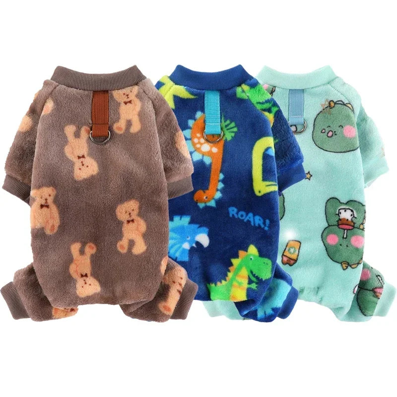 Winter Warm Fleece Dog Jumpsuit – Plush Bear & Dinosaur Pajamas for Small Dogs, Cozy Chihuahua & Poodle Pet Costume.