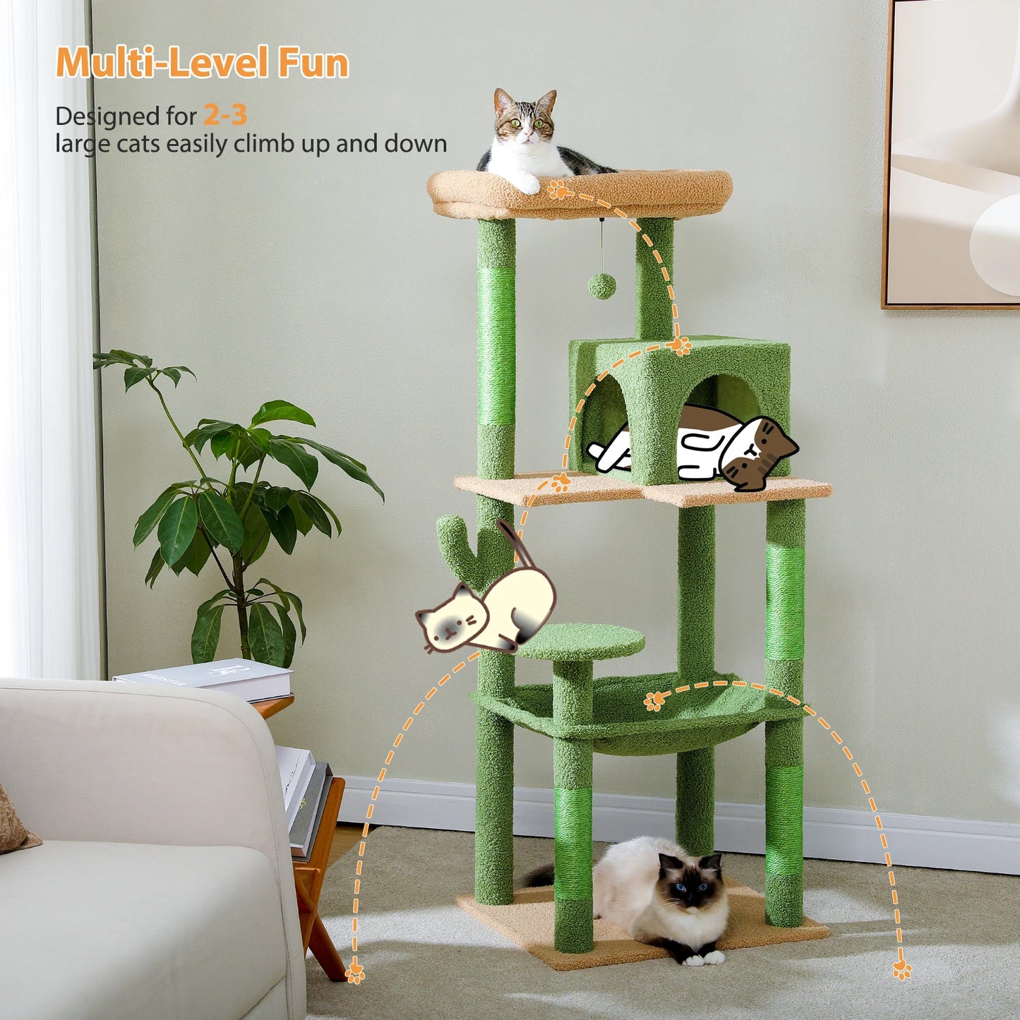 Cactus Cat Tree Tower – Large Indoor Cat Furniture with Metal Plush Hammock, 2-Door Condo House & Spacious Top Perch for Cats.