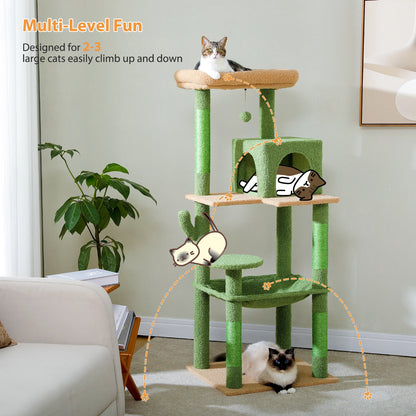 Cactus Cat Tree Tower – Large Indoor Cat Furniture with Metal Plush Hammock, 2-Door Condo House & Spacious Top Perch for Cats.