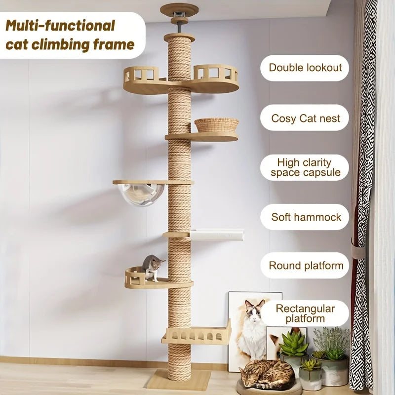 ROMIROMI Premium 7-Tier Cat Tree Tower – Adjustable Floor-to-Ceiling Cat Condo with Natural Sisal Scratching Posts for Multiple Cats.