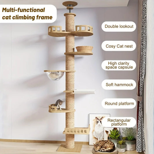 ROMIROMI Premium 7-Tier Cat Tree Tower – Adjustable Floor-to-Ceiling Cat Condo with Natural Sisal Scratching Posts for Multiple Cats.