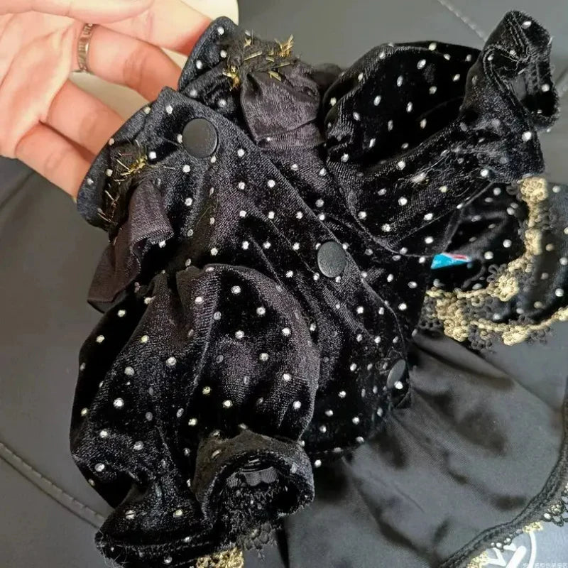 Velvet Black & Gold Pet Dress – Fashionable Girly Outfit for Small Dogs, Cute Luxury Print Clothing for Pets.