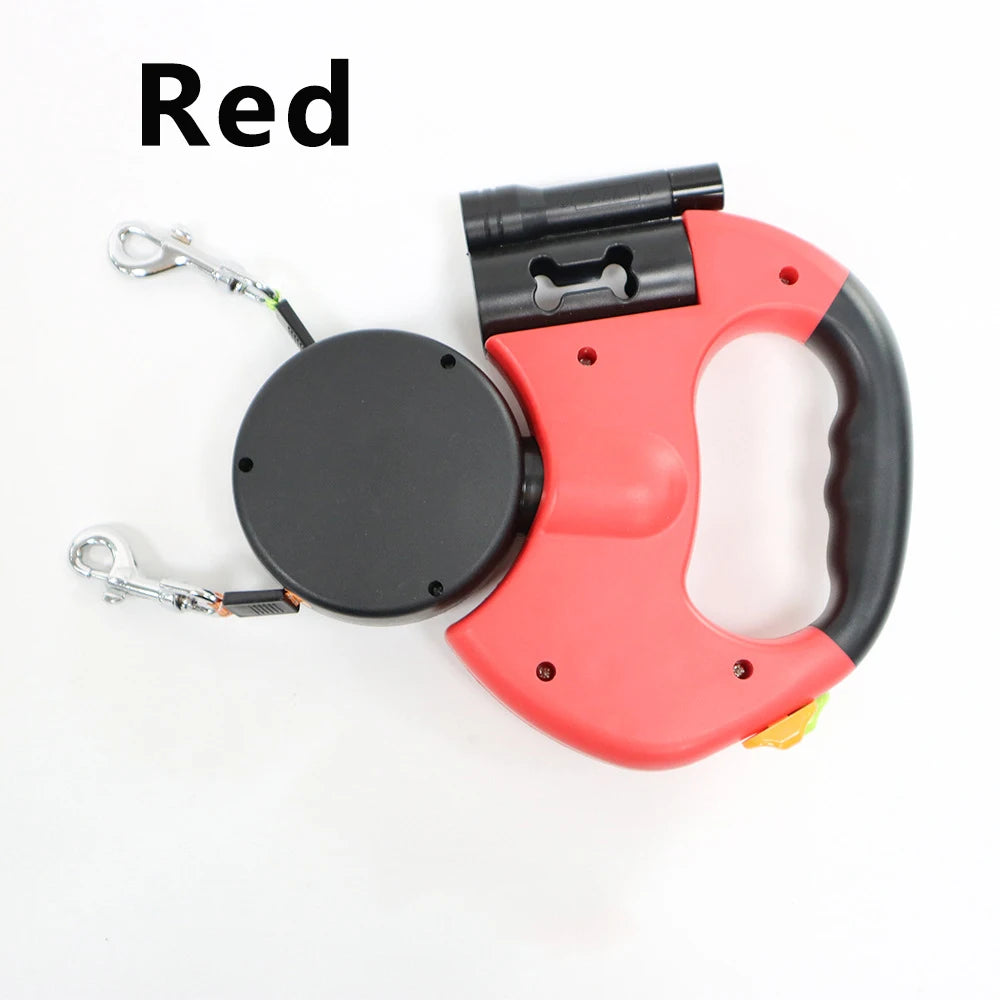 Auto Retractable Double Dog Leash – 3M Dual Traction Rope with LED Flashlight, Waste Bag Holder & 360° Tangle-Free Design for Pets.